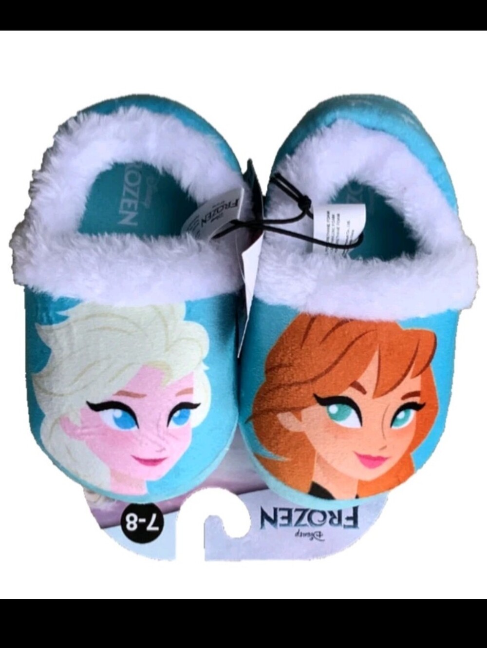 Disney Frozen Elsa & Anna Slippers Slip-On Blue White Fuzzy Sz 7-8 Toddler